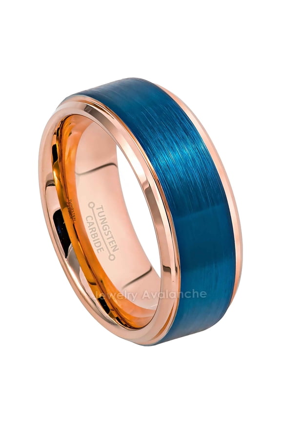 8mm Brushed 2-Tone Blue & Rose Gold IP Tungsten Carbide Wedding Band Engagement Ring Comfort Fit - #862PLs9