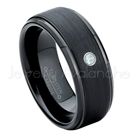 8mm Brushed Black Mens Tungsten Ring - 0.07ct Solitaire Aquamarine Ring - Personalized Tungsten Wedding Ring - Custom Made March Birthstone Ring TN083BS