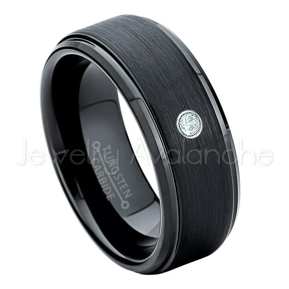 8mm Brushed Black Mens Tungsten Ring - 0.07ct Solitaire Aquamarine Ring - Personalized Tungsten Wedding Ring - Custom Made March Birthstone Ring TN083BS