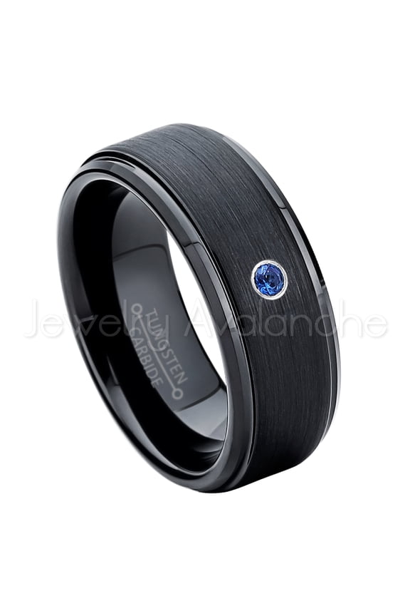 8mm Brushed Black Mens Tungsten Ring - 0.07ct Solitaire Blue Sapphire Ring - Personalized Tungsten Wedding Ring - Custom Made September Birthstone Ring TN083BS