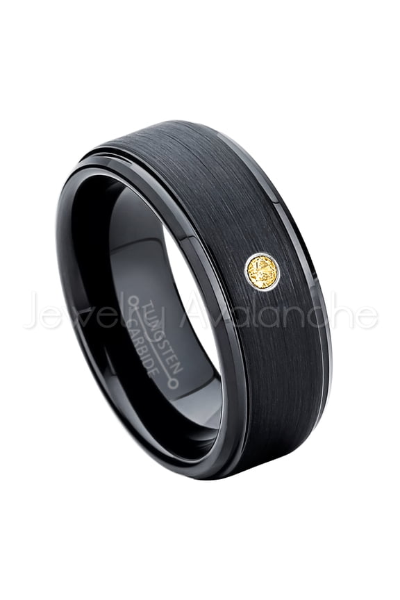 8mm Brushed Black Mens Tungsten Ring - 0.07ct Solitaire Citrine Ring - Personalized Tungsten Wedding Ring - Custom Made November Birthstone Ring TN083BS