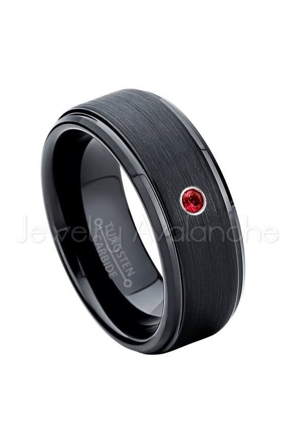 8mm Brushed Black Mens Tungsten Ring - 0.07ct Solitaire Garnet Ring - Personalized Tungsten Wedding Ring - Custom Made January Birthstone Ring TN083BS