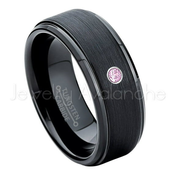 8mm Brushed Black Mens Tungsten Ring - 0.07ct Solitaire Pink Tourmaline Ring - Personalized Tungsten Wedding Ring - Custom Made October Birthstone Ring TN083BS