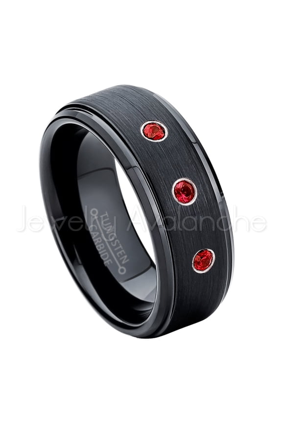 8mm Brushed Black Mens Tungsten Ring - 0.21ctw Garnet 3-stone Band - Personalized Tungsten Wedding Ring - Custom Made January Birthstone Ring TN083BS
