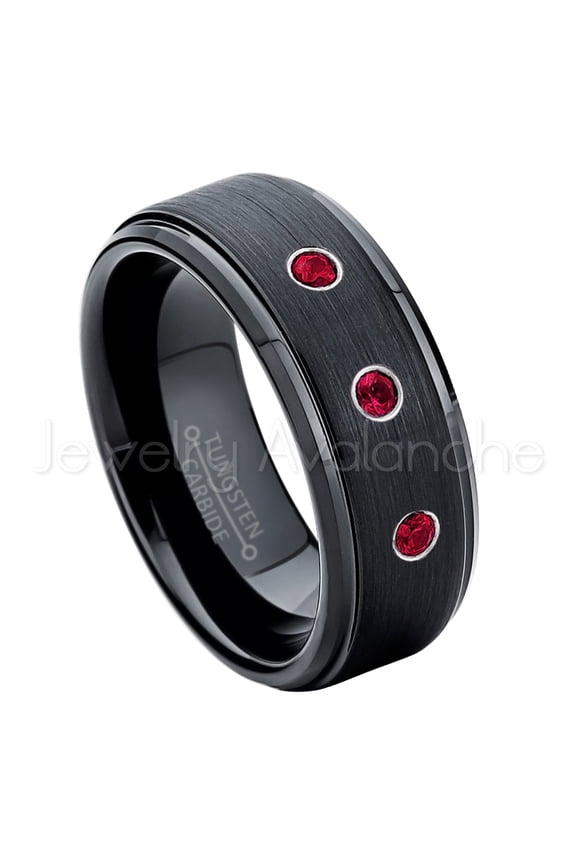 8mm Brushed Black Mens Tungsten Ring - 0.21ctw Ruby 3-stone Band - Personalized Tungsten Wedding Ring - Custom Made July Birthstone Ring TN083BS