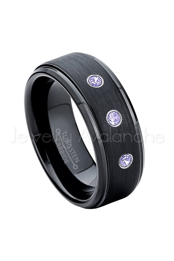 8mm Brushed Black Mens Tungsten Ring - 0.21ctw Tanzanite 3-stone Band - Personalized Tungsten Wedding Ring - Custom Made December Birthstone Ring TN083BS