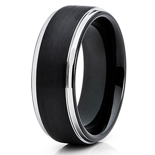 8mm Brushed Black Tungsten Carbide Ring Silver Unique Edges