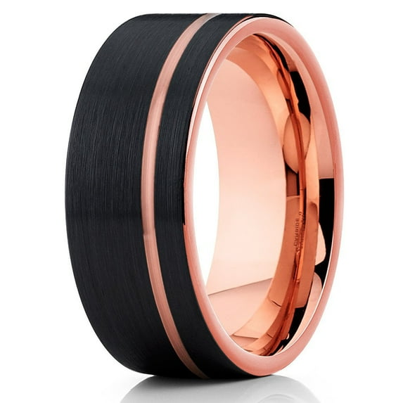 8mm Brushed Black Tungsten Carbide Wedding Ring Rose Gold Inlay Offset Groove Men Women Comfort Fit Band 10