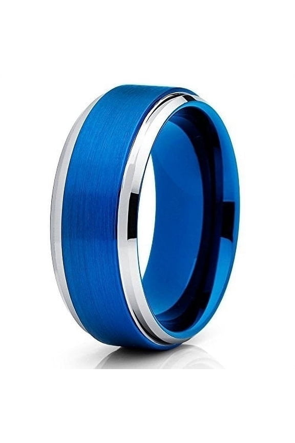 8mm Brushed Blue Tungsten Carbide Ring Polished Silver Unique Edges Wedding Band (6) (6)