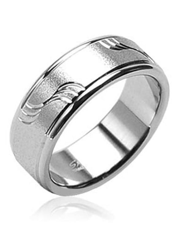 8mm Brushed with Diagonal Cut Waves 316L Surgical Stainless Steel Ring Men's Band (SIZE: 11)