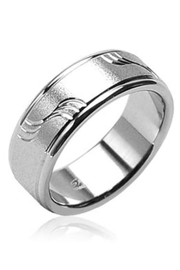 8mm Brushed with Diagonal Cut Waves 316L Surgical Stainless Steel Ring Men's Band (SIZE: 11)
