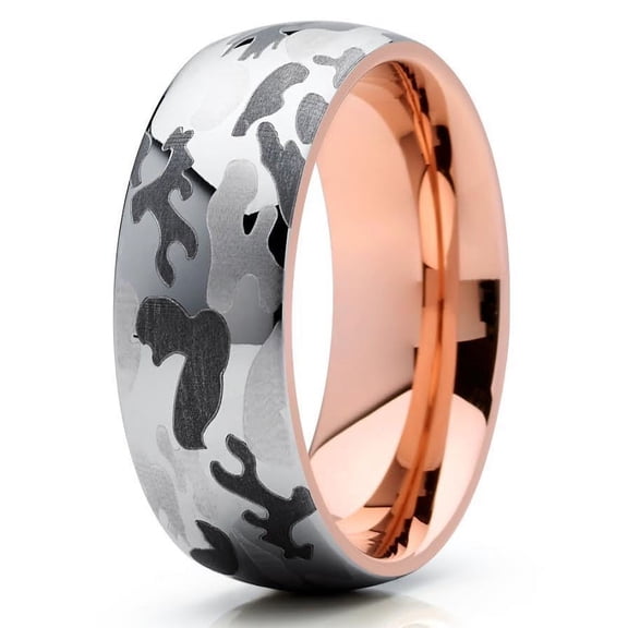 8mm Camouflage Camo Tungsten Carbide Wedding Band Rose Gold Dome Army Navy Marines Ring 10
