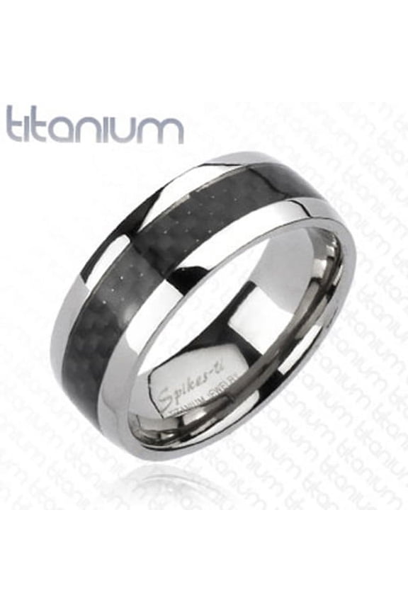 8mm Carbon Fiber Inlay Band Two Tone Black & Silver Ring Solid Titanium (SIZE: 12)