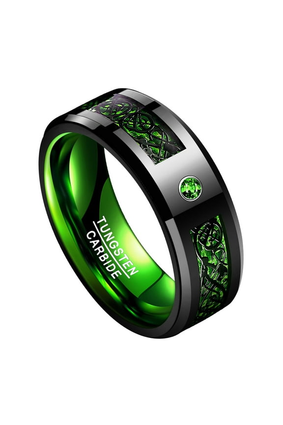8mm Celtic Dragon Tungsten Ring for Men Black Green Wedding Band Rings Size 7-15