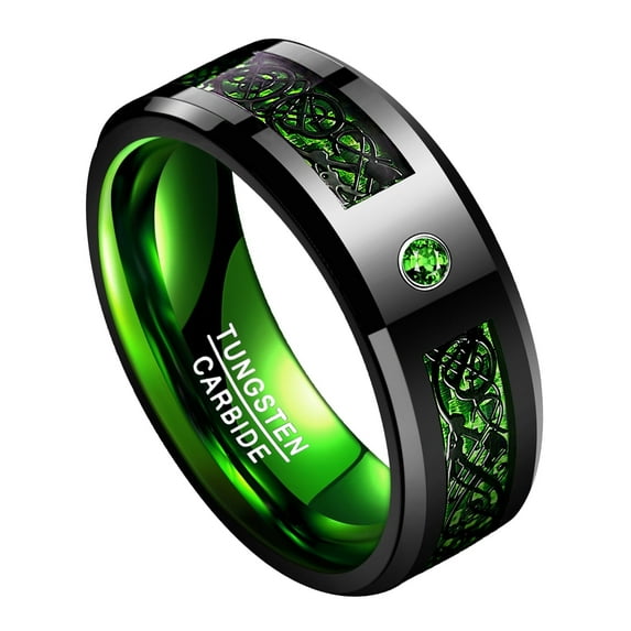 8mm Celtic Dragon Tungsten Ring for Men Black Green Wedding Band Rings Size 7-15