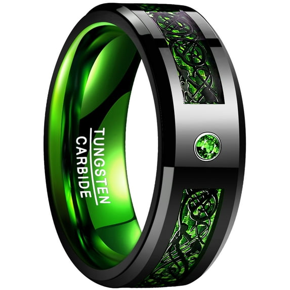 8mm Celtic Dragon Tungsten Ring for Men Black Green Wedding Band Rings Size 7-15