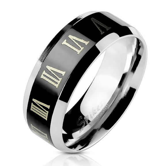 8mm Center Black IP with Roman Numerals Beveled Edge Band Ring Stainless Steel (SIZE: 9)