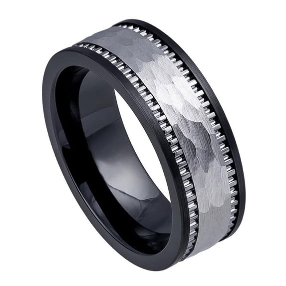 8mm Ceramic Base with Hammered Tungsten Carbide Inlay Wedding Band Ring For Men or Ladies