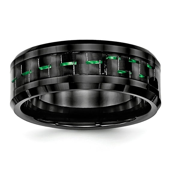 8mm Ceramic Black With Green Carbon Fiber Beveled Edge Ring - Size 12