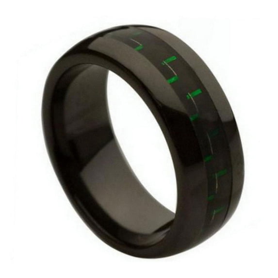 8mm Ceramic Black with Green & Black Carbon Fiber Inlay Wedding Band Ring For Men and Ladies