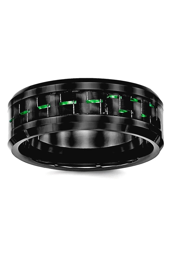 8mm Ceramic Ceramic band Black With Green Carbon Fiber Beveled Edge Ring Size 8.5 Ring for Women
