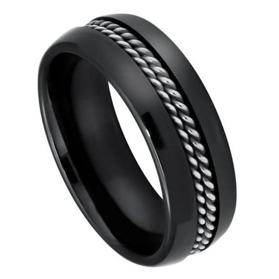 8mm Ceramic Ring High Polished Domed Black with Double Rope Stainless Steel Inlay Wedding band Ring for Men and Ladies