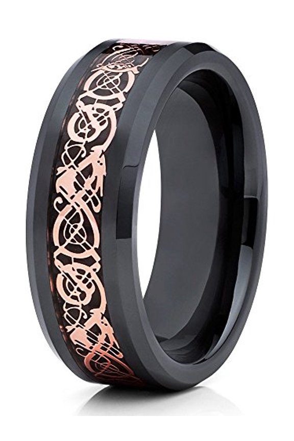8mm Ceramic Wedding Band Rose Gold Dragon Insert Black Ceramic Ring Men Women Comfort Fit
