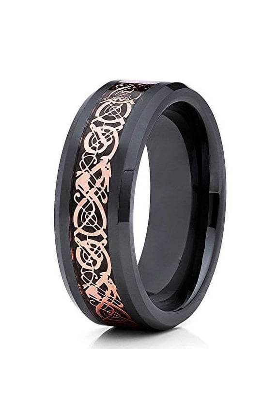 8mm Ceramic Wedding Band Rose Gold Dragon Insert Black Ceramic Ring Men Women Comfort Fit