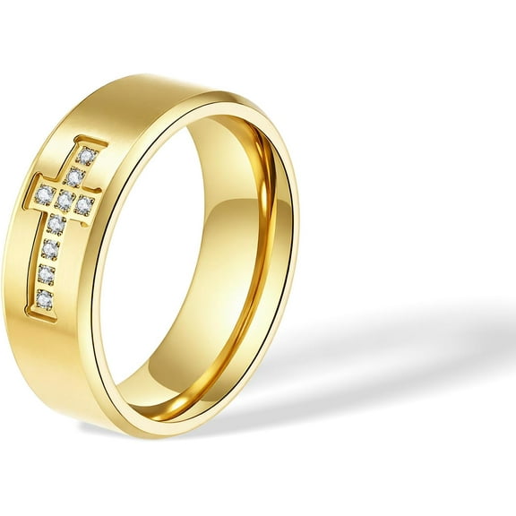 8mm Christian Cross Purity Band Rings for Women Men,14k Gold Plated Titanium Cubic Zirconia Statement Comfort Fit Ring