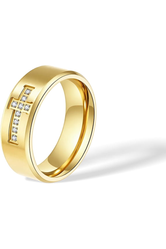 8mm Christian Cross Purity Band Rings for Women Men,14k Gold Plated Titanium Cubic Zirconia Statement Comfort Fit Ring