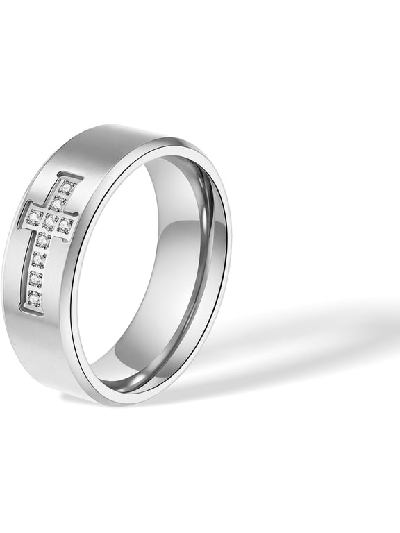 8mm Christian Cross Purity Band Rings for Women Men,14k Gold Plated Titanium Cubic Zirconia Statement Comfort Fit Ring