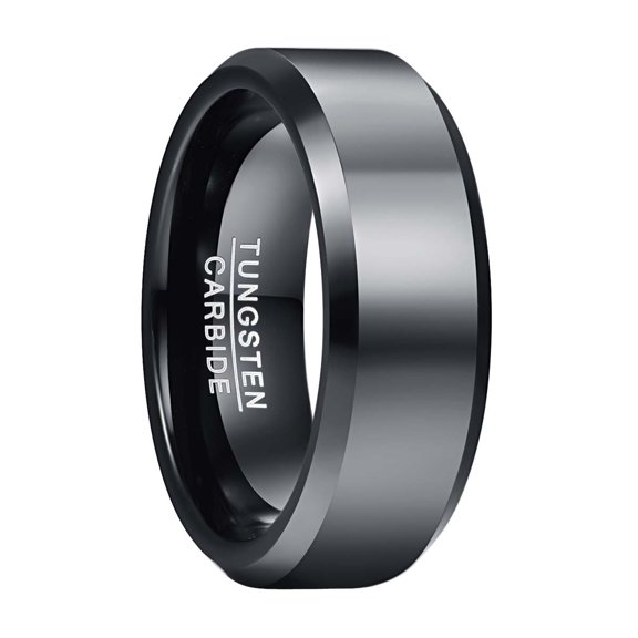 8mm Classic Black Tungsten Rings for Men Minimalist Wedding Band with Beveled Edges