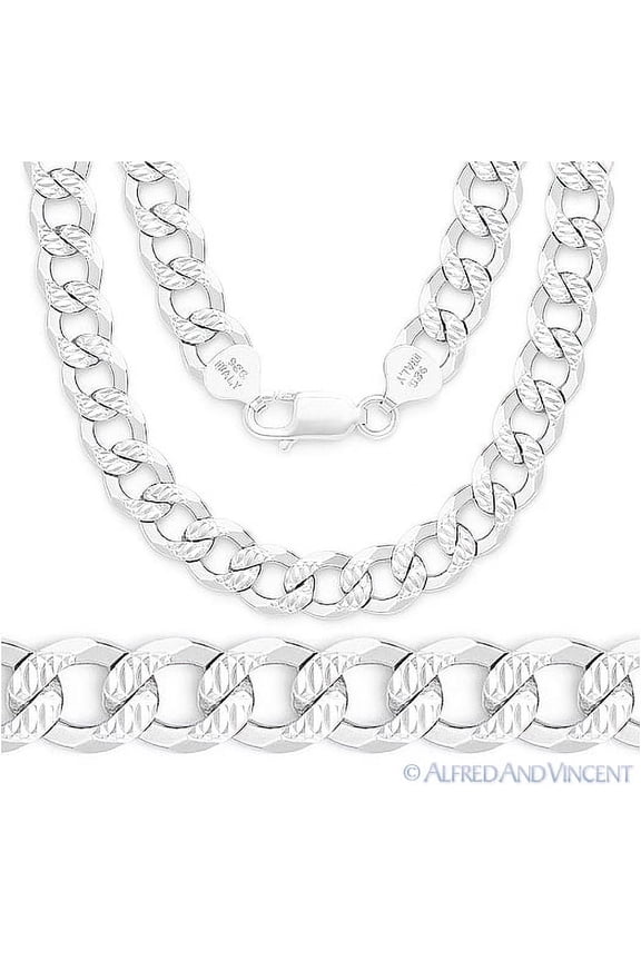 8mm Cuban / Curb Link D-Cut Pave Italian Chain Necklace in .925 Sterling Silver