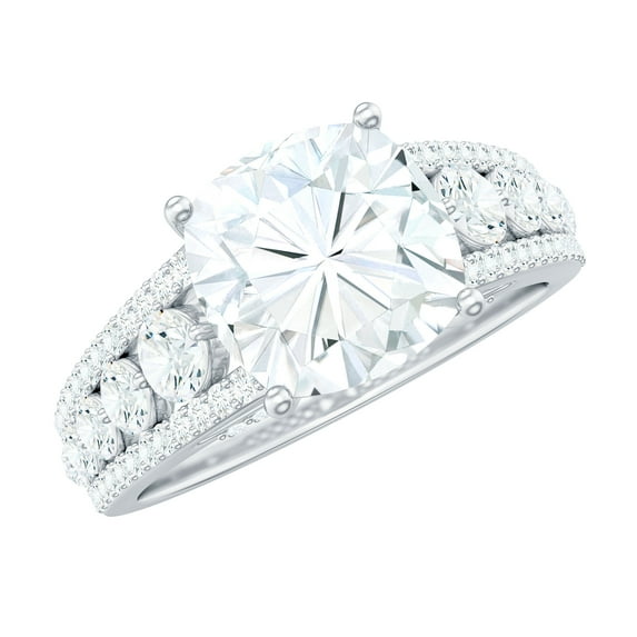 Rosec Jewels Moissanite Cushion Cut Engagement Ring for Women - 8 mm - Solitaire Ring - D-VS1 Quality Certified, 10K White Gold, US 5.00