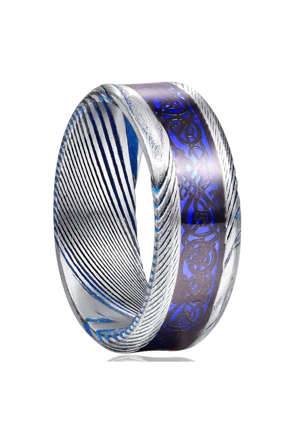 8mm Damascus Pattern Tungsten Carbide Ring with Black Celtic Dragon for Unisex Size 7-12