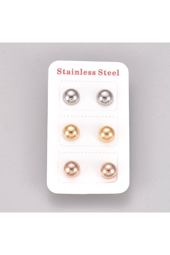 8mm Diameter Mixed Color Hemispherical Stud Earring Set with Three Pairs in Silver Rose Gold and Gold - Exquisite Design DIY