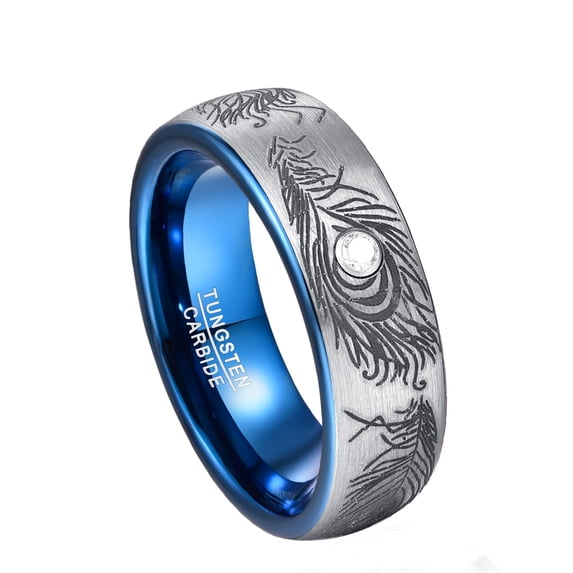 8mm Dome Laser Blue Inner Tungsten Ring Feather Pattern with Zircon