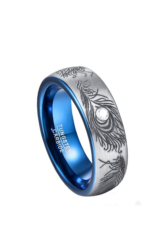 8mm Dome Laser Blue Inner Tungsten Ring Feather Pattern with Zircon