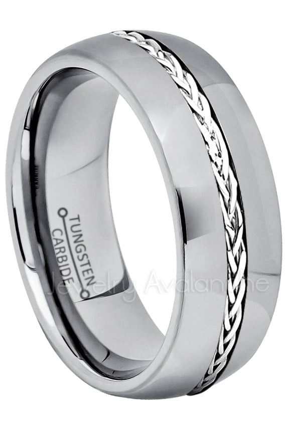 8mm Dome Tungsten Ring - Polished Comfort Fit Tungsten Carbide Ring with .925 Braided Sterling Silver Inlay - TN217s11.5