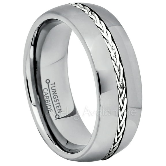 8mm Dome Tungsten Ring - Polished Comfort Fit Tungsten Carbide Ring with .925 Braided Sterling Silver Inlay - TN217s7