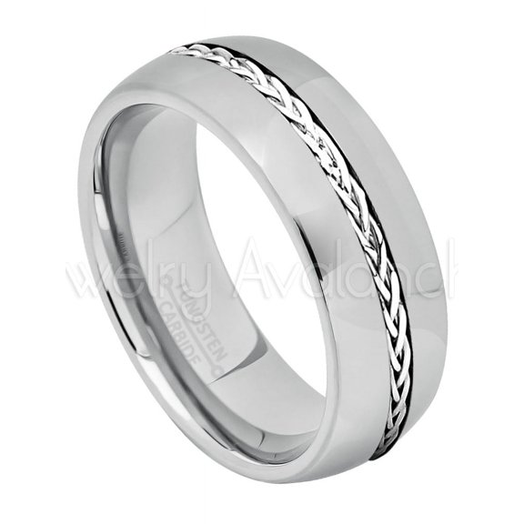 8mm Dome Tungsten Ring - Polished Comfort Fit Tungsten Carbide Ring with .925 Braided Sterling Silver Inlay - TN217s9