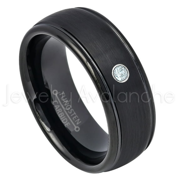 8mm Dome Tungsten Wedding Band - 0.07ct Solitaire Aquamarine Ring - Personalized Tungsten Wedding Ring - Custom Made March Birthstone Ring TN664BS