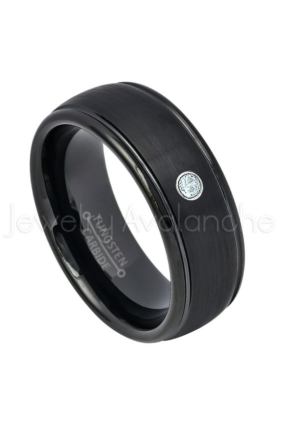 8mm Dome Tungsten Wedding Band - 0.07ct Solitaire Aquamarine Ring - Personalized Tungsten Wedding Ring - Custom Made March Birthstone Ring TN664BS