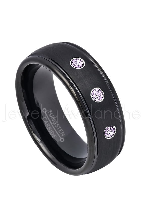 8mm Dome Tungsten Wedding Band - 0.21ctw Amethyst 3-stone Band - Personalized Tungsten Wedding Ring - Custom Made February Birthstone Ring TN664BS