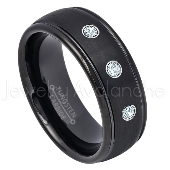 8mm Dome Tungsten Wedding Band - 0.21ctw Aquamarine 3-stone Band - Personalized Tungsten Wedding Ring - Custom Made March Birthstone Ring TN664BS