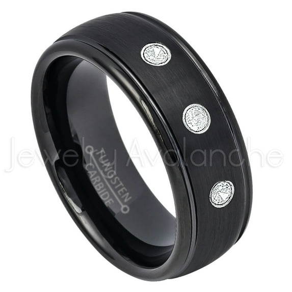 8mm Dome Tungsten Wedding Band - 0.21ctw Diamond 3-stone Band - Personalized Tungsten Wedding Ring - Custom Made April Birthstone Ring TN664BS