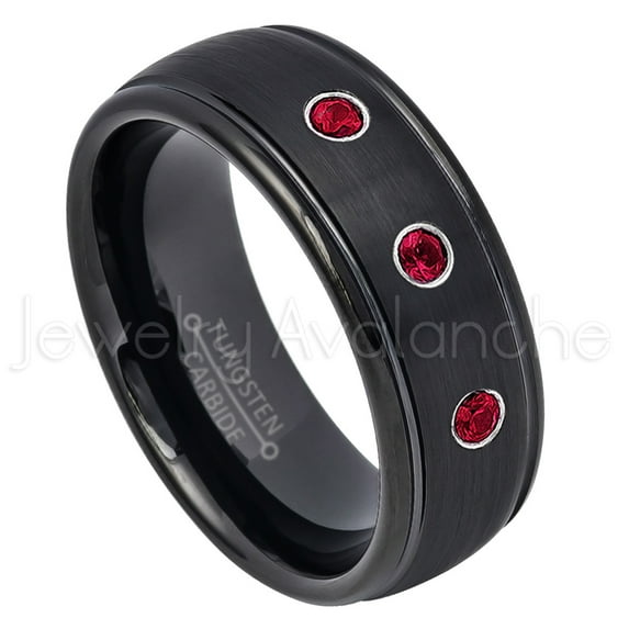 8mm Dome Tungsten Wedding Band - 0.21ctw Ruby 3-stone Band - Personalized Tungsten Wedding Ring - Custom Made July Birthstone Ring TN664BS