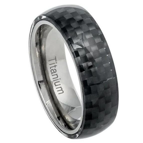 8mm Domed Black Carbon Fiber Overlay on Titanium Ring Base Wedding Band Ring For Men Or Ladies
