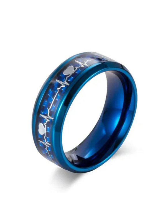 8mm ECG Blue Carbon Fiber Titanium Steel Band Men's Fashion Party Ring Size 7-11