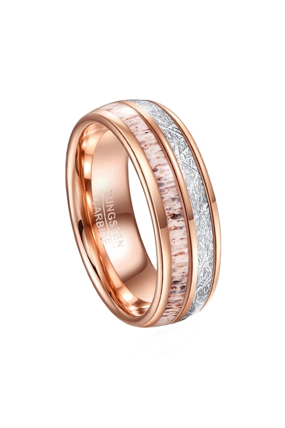 8mm Electroplated Rose Gold Inlaid Antler + Imitation Meteorite Tungsten Ring